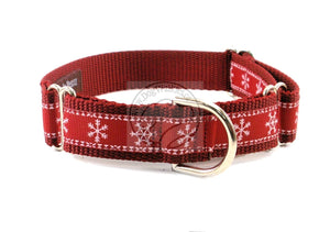 Snowflakes on Red - nylon dog collar