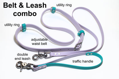 Custom Belt and Leash for hands free walking - Waterproof - utility belt with leash combo