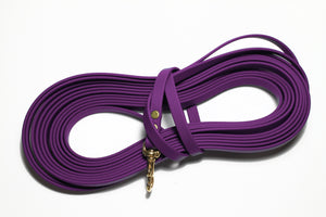 long purple leash coiled with brass snap clip on white background