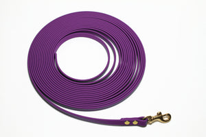 Purple dog leash with brass clip on a white background