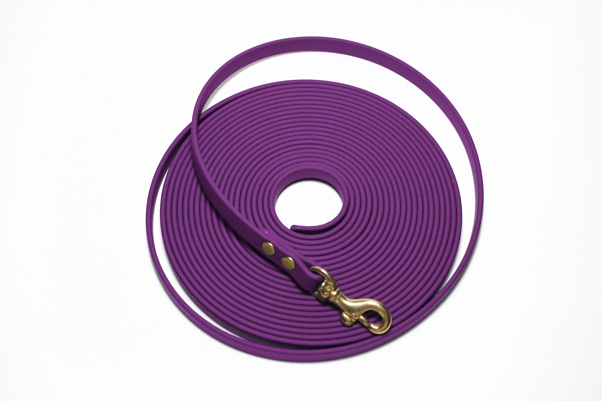 Purple dog leash coiled in a circle with brass clip on a white background