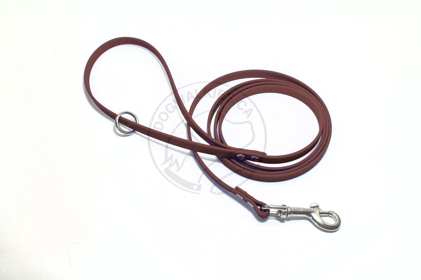 Extra thin brown faux leather dog leash with metal clip on a white background