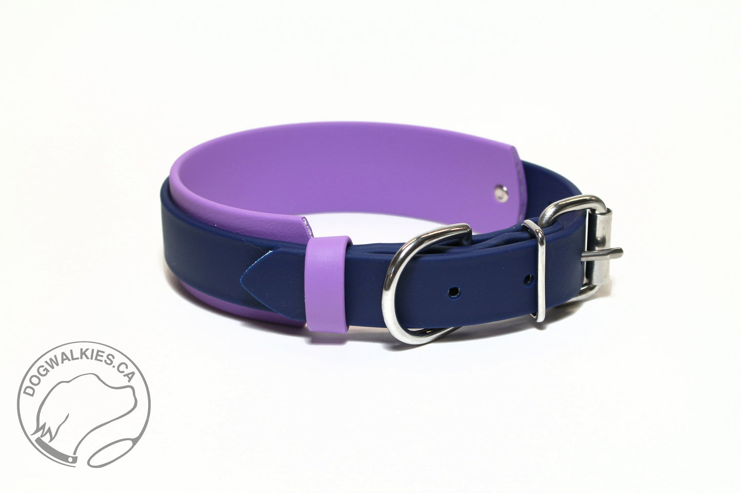 A two-tone Biothane dog collar in navy blue and purple, with a silver stainless steel buckle.