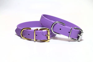 Handmade Amethyst Purple Dog Collar with Biothane Coated Webbing - Vegan, Waterproof, Custom Sized - Stainless Steel or Brass Hardware - Lilac and Orchid purple Accents