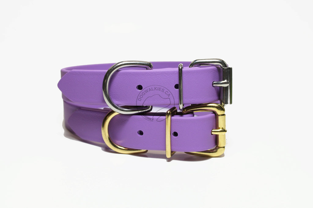 Handmade Amethyst Purple Dog Collar with Biothane Coated Webbing - Vegan, Waterproof, Custom Sized - Stainless Steel or Brass Hardware - Lilac and Orchid purple Accents