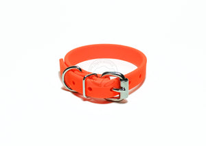 neon orange Biothane dog collar in 5/8" stainless steel
