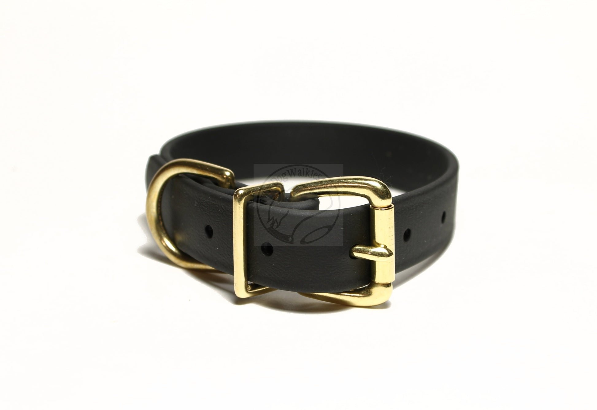 solid brass hardware on a jet black one inch wide Biothane dog collar